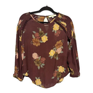 Loft Floral Burgundy Sheer Blouse Size Small Boho Autumn Holiday Layering